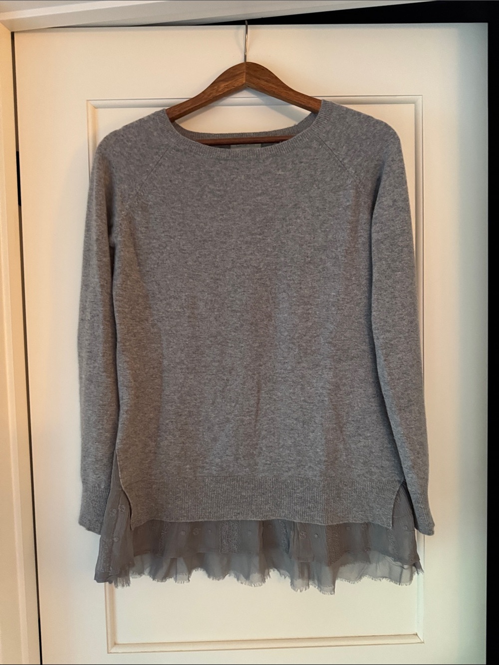 Garnet Hill Gray Cashmere Sweater with lace Hem M